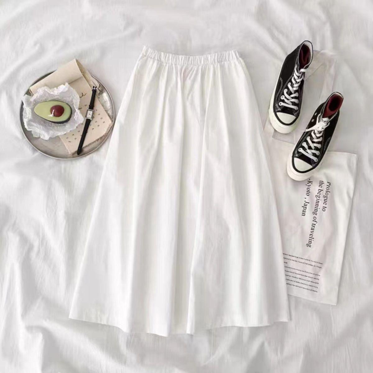 Chiffon A-Line Skirt, Medium-Long, Solid White, Summer Plus Size, Slimming Fit for Petite Women S