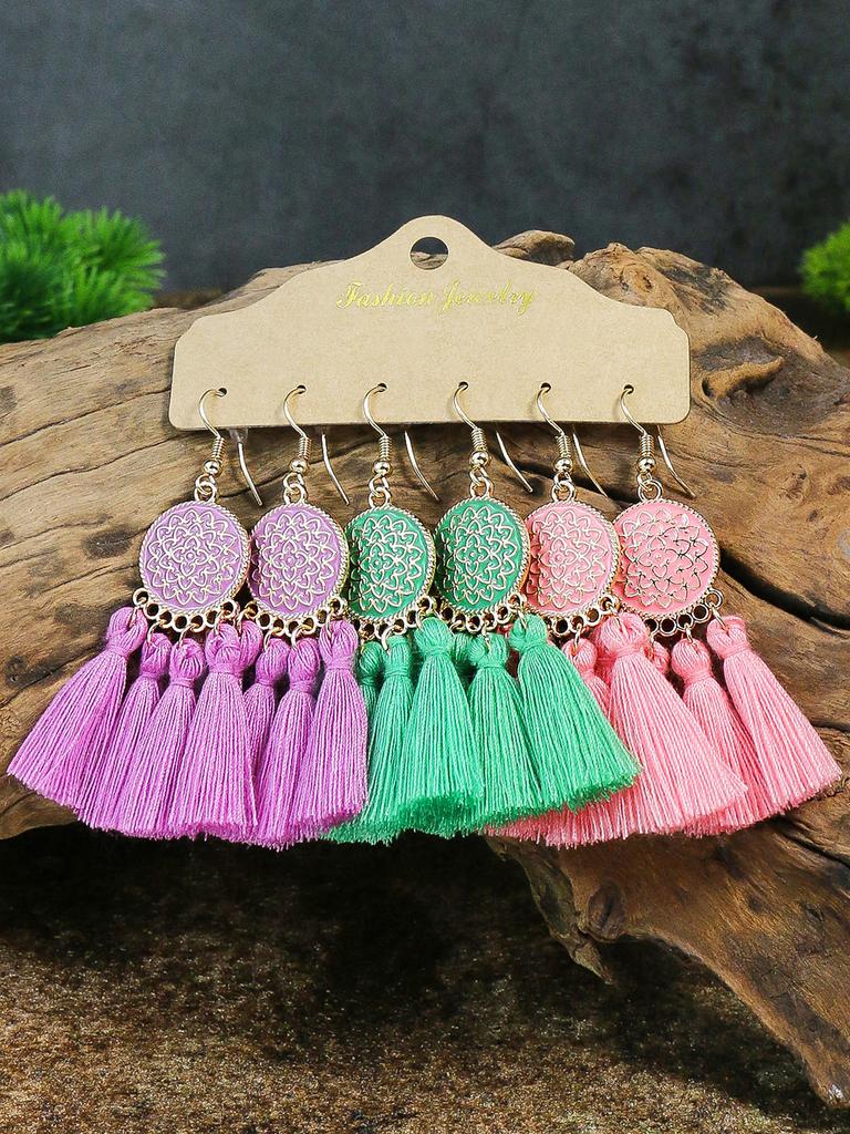 Bohemian Round Colored Glaze Alloy Earring Set Retro Ethnic Style Long Tassel Earrings Women's Girls' Personalized Zircon