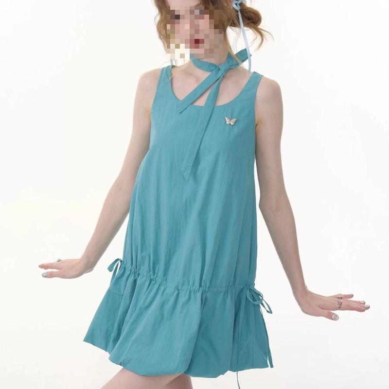 Women Sleeveless Square Neck Mini Dress With Neck Tie Bow Drawstring Bubble Hem Vintage American Casual Loose Camisole Dress Summer S
