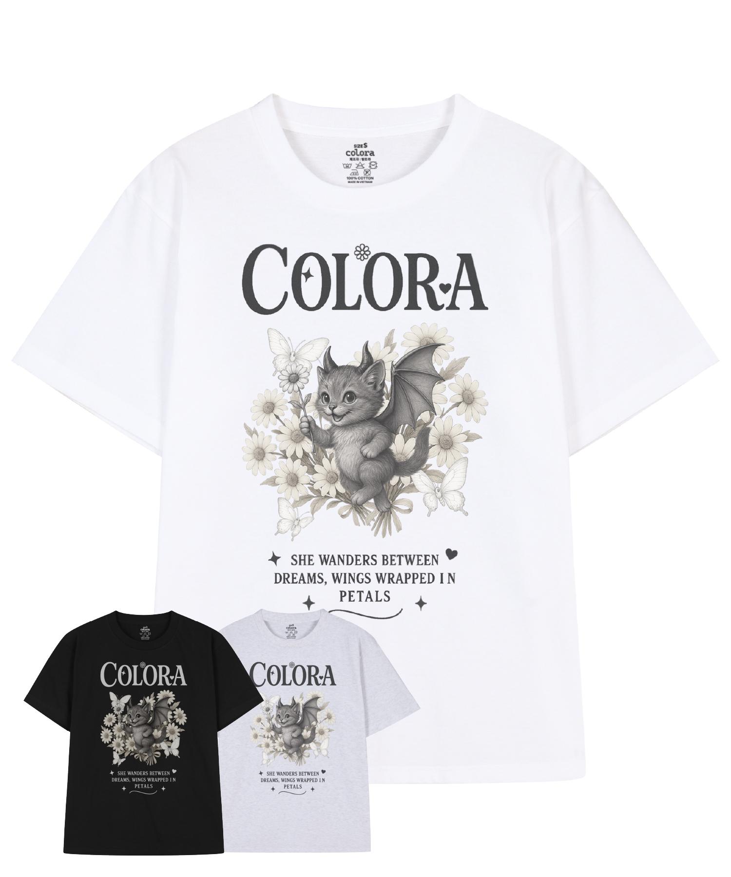 Keollola Demon Cat With Flowers Short Sleeve T-Shirt (3 Colors) Black/S