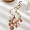 Adjustable Handmade Pendant Necklace Pink Enamel Multi Charms Necklace Elegant Boho Jewelry  Women