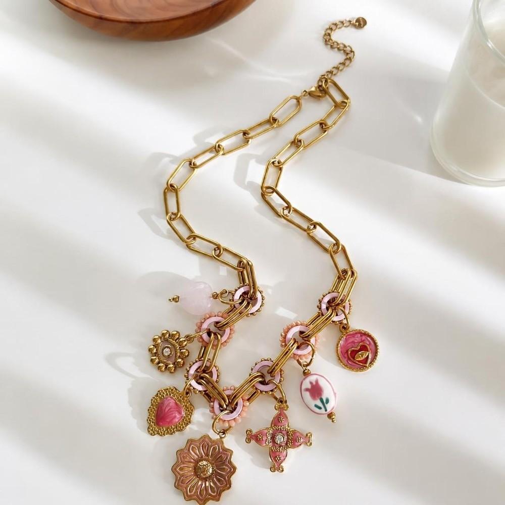 Adjustable Handmade Pendant Necklace Pink Enamel Multi Charms Necklace Elegant Boho Jewelry Women