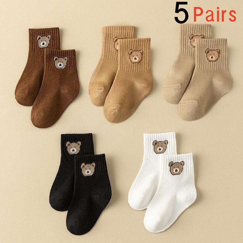 5Pair Cute Cartoon Bear Mid-Calf Docks Kid Socks Autumn/Winter Versatile Socks Soft Comfortable Breathable All-Season Socks