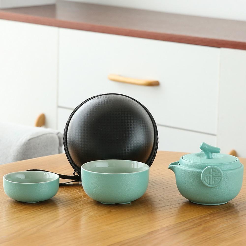 Minimalist 2 in 1 Tea Ceremony Teapot Set Ceramic Mini Travel Teapot with Storage Bag Chinese Teapot Set Outdoor 500 ml зелёный