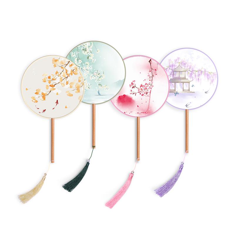 Translucent Embroidered Long-Handled Round Fan for Children's Hanfu and Cheongsam Costumes