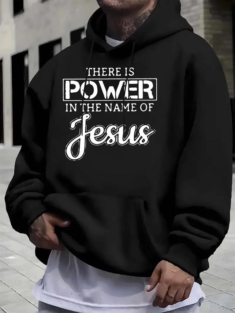 Men' Jesus Name & Verse Print Hooded Sweatshirt - Power in the Name of Jesus Religious Pullover Hoodie Beige/Black Church Sweater