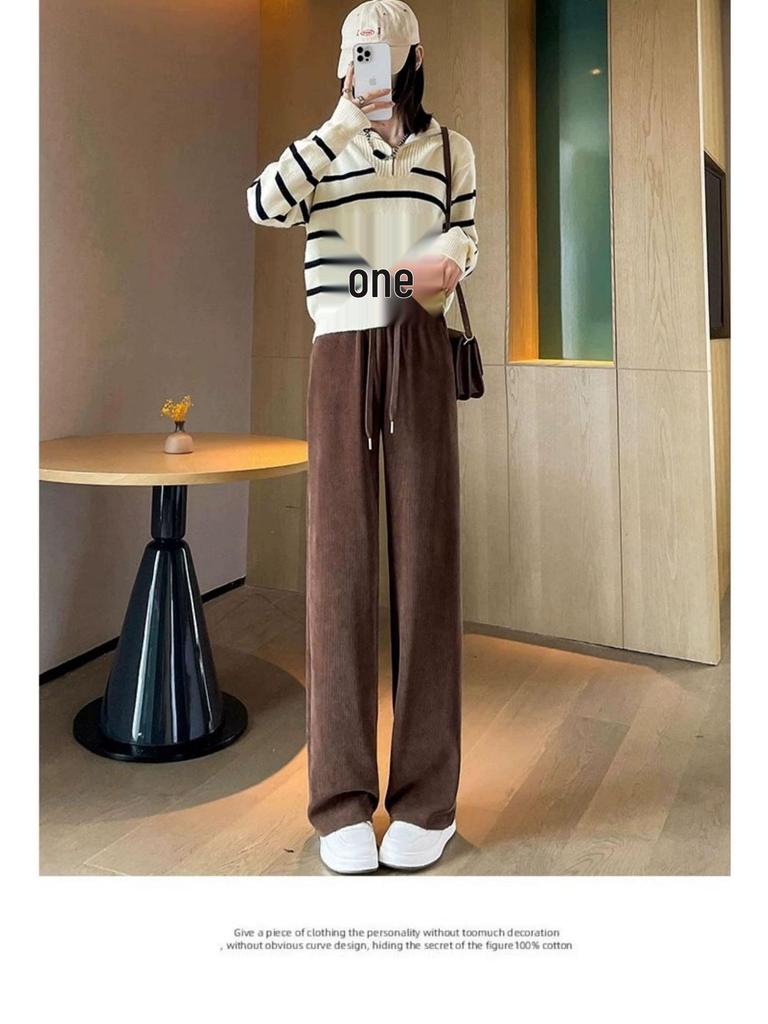 Women's Gray High-Waisted Wide-Leg Drawstring Pants - 2025 Autumn/Winter, Casual, Pear-Shaped Slimming, Hip-Covering.