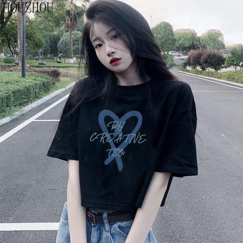 HOUZHOU Crop T-shirt Frauen Drucken Lose Kurzarm Sommer Nabel Ins Sexy Chic Casual Übergroßen Trend
