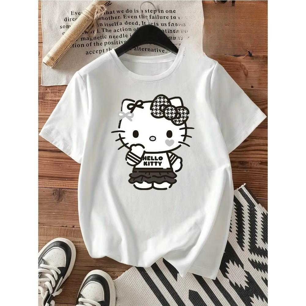 

Hello Kitty Bow Vintage Letter Print Crew Neck Short Sleeve TShirt Fashionable Casual Unisex and Women Versatile Top Cotton L