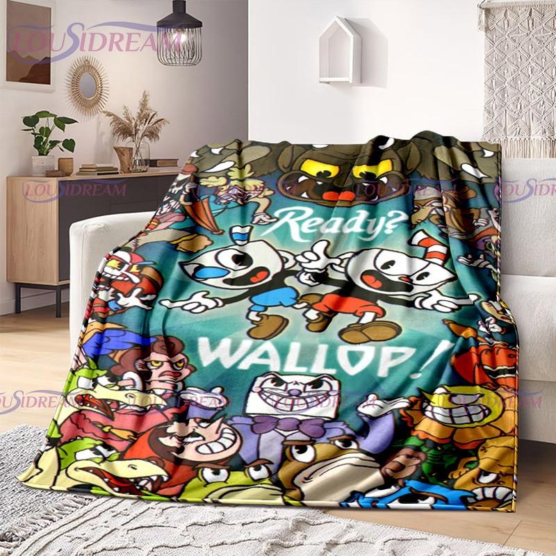 Cuphead and Mugman Print Throw Deka Kreslená hra Měkký plyšový fleece Lehká pohovka Funny Halloween Friend dárek