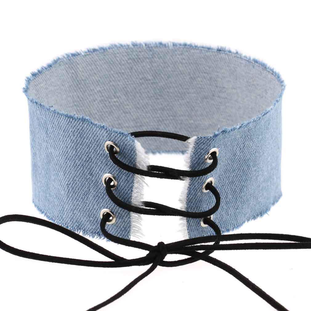 Blue Denim Bow Choker, Raw Edge Wide Denim Tie Bow Clavicle Neckband