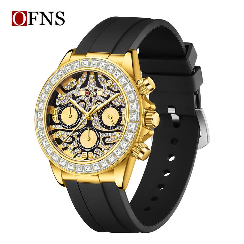 OFNS Men s Tiger Stripe Quartz Watch: Six-Hand Multifunction, Diamond Inlaid, Luminous Chronograph, Waterproof.