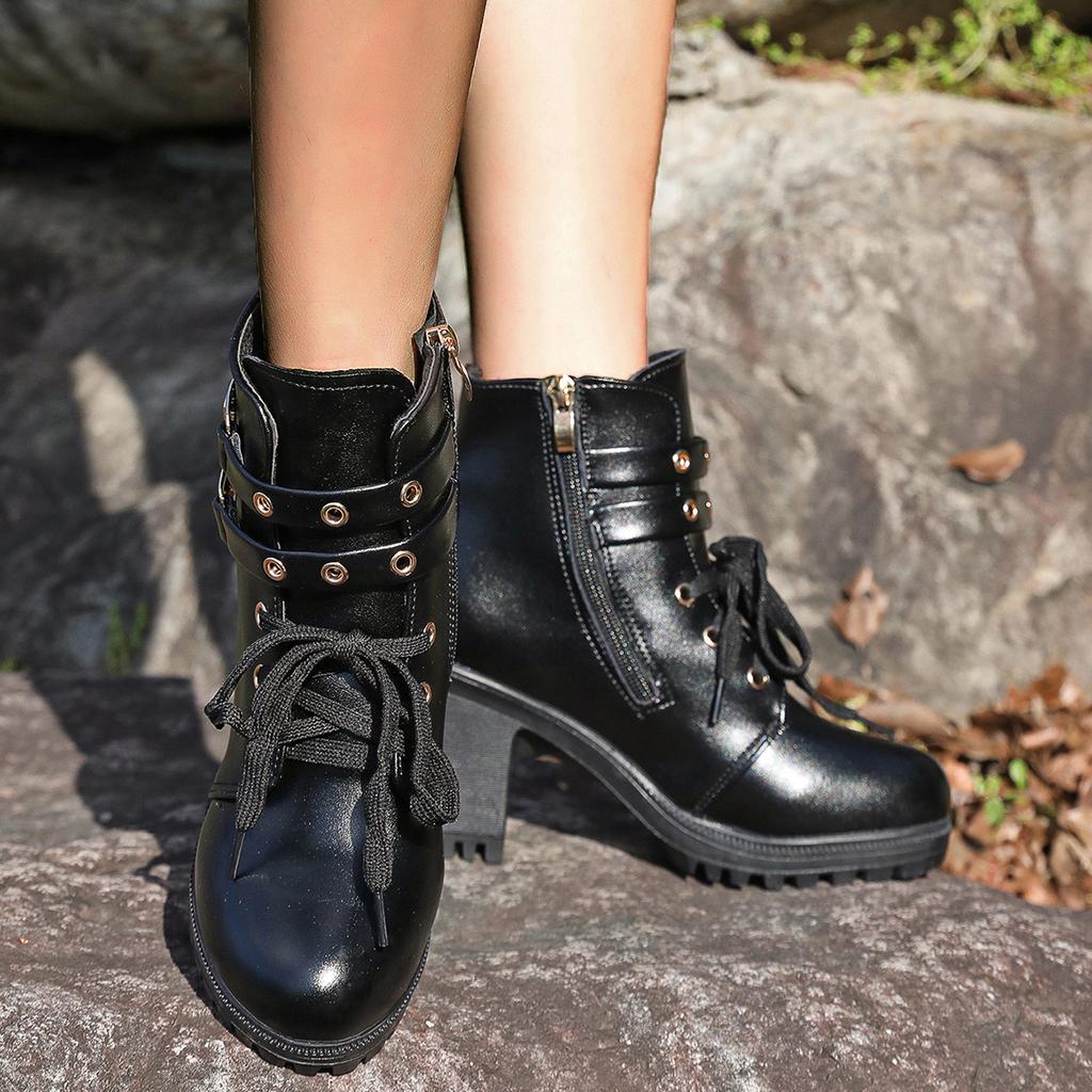 Large size short boots 22 autumn and winter new British style belt buckle thick heel round head high heel Martin boots