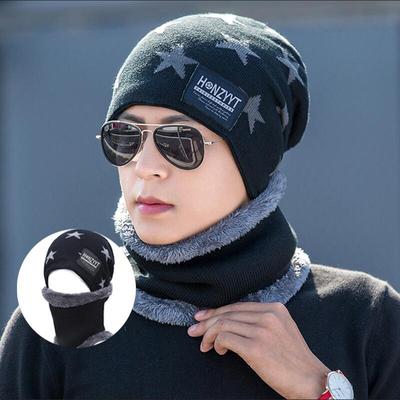 Conjunto de gorro e cachecol feminino masculino e feminino, capa de pescoço, inverno, lã quente, malha, boné de esqui