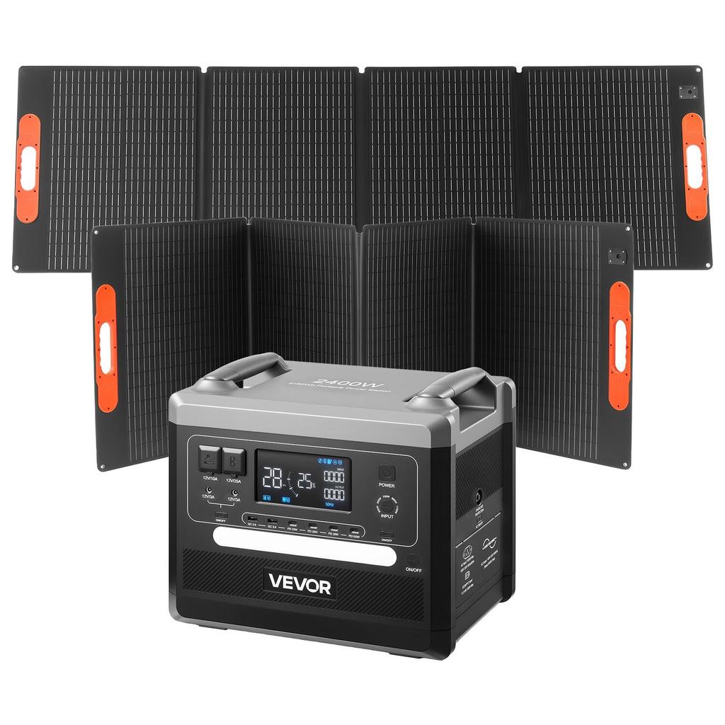 Portable Power Station, 2400W Portable Solar Generator with 2PCS * 200W Foldable Solar Panels, 2160Wh Expandable LiFePO4 Battery Backup with 10 Output