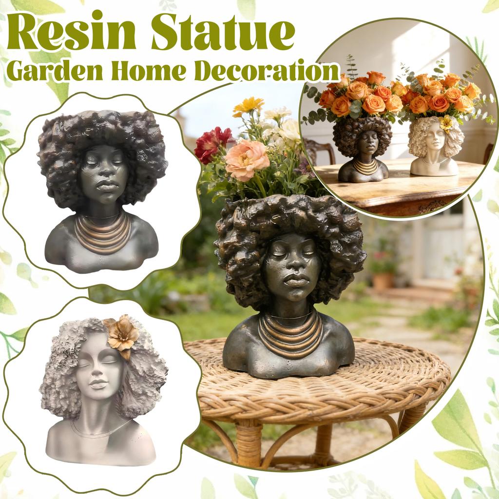 Decorative Female Bust Planter with Textured Hair and Layered Neck Rings Resin Sculpture Indoor Outdoor Pot Holder