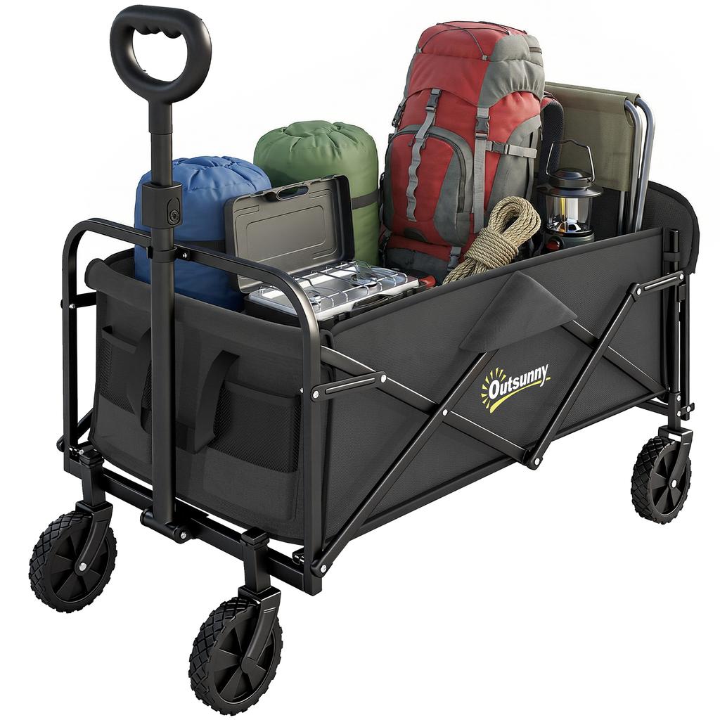 Foldable Garden Cart 72L with Adjustable Handle, in Steel and Oxford Fabric, 114x46x92 cm, Black