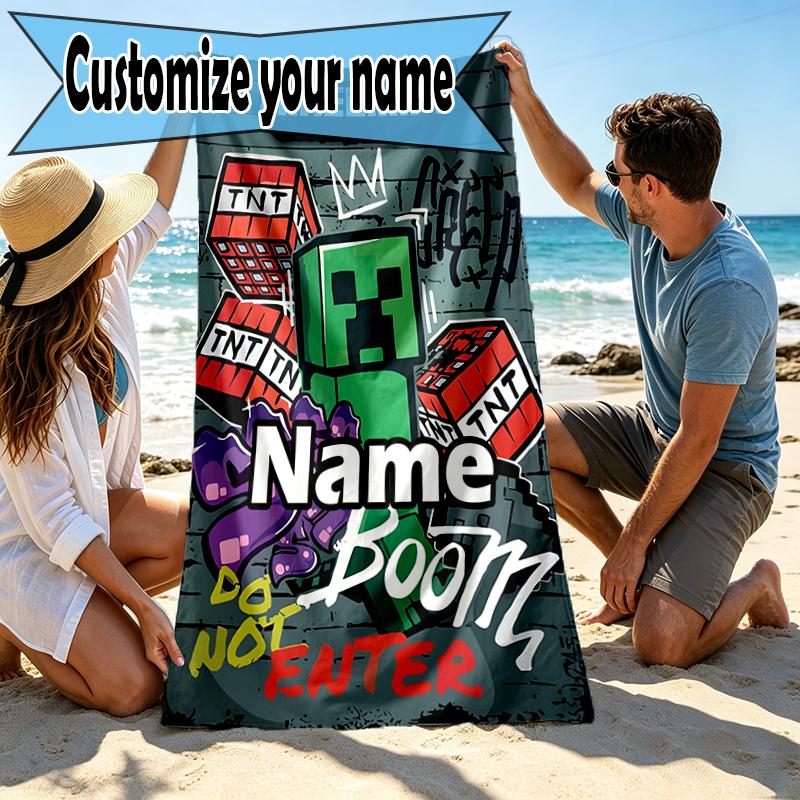 Custom Name Personalized Minecraft Print Beach Towel, for Trip Camping Beach Party Home Decor, Birthday Gift for Family & Friends