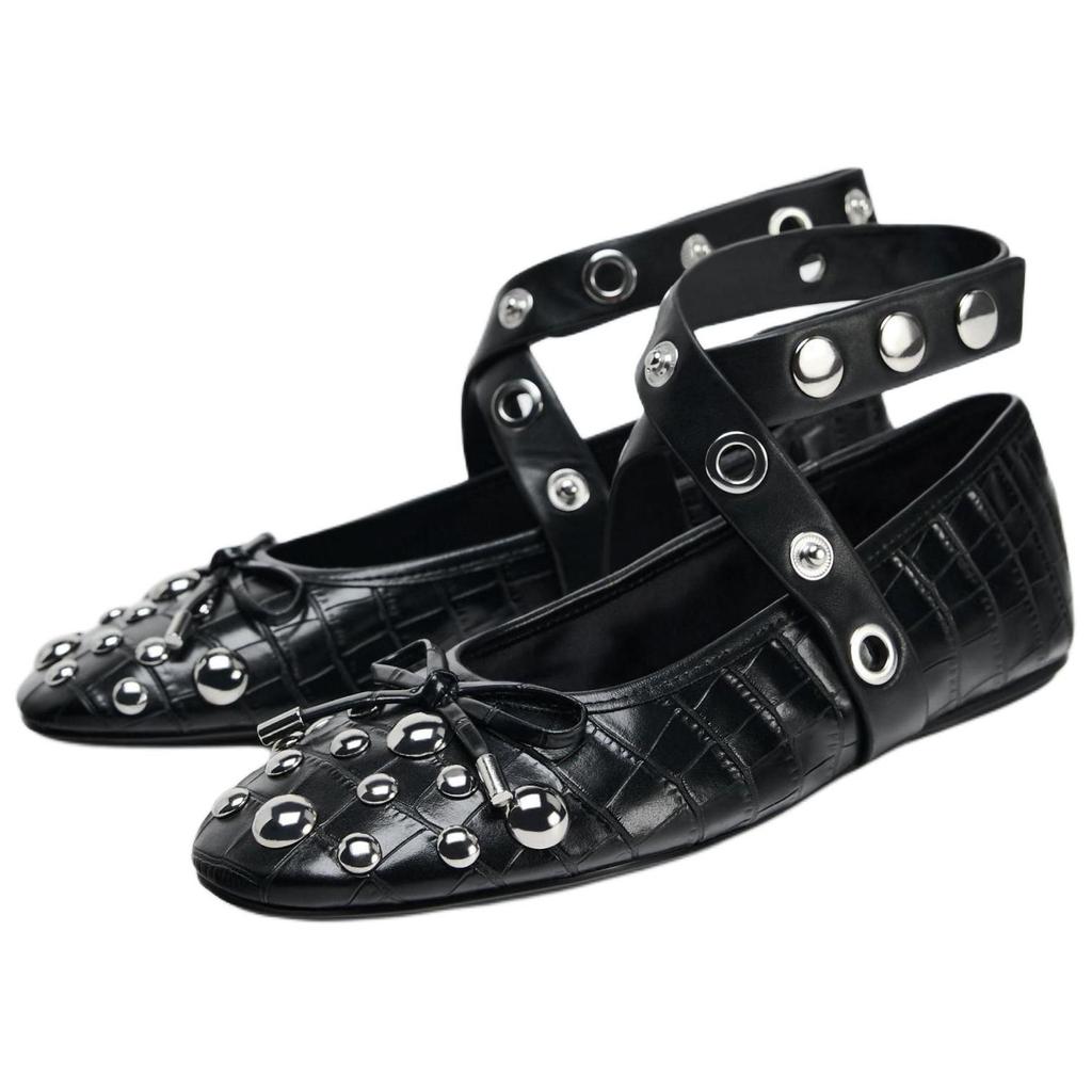 Zara Versatile Vintage Bow Detail Studded Flat Casual Shoes Women Flats Black 13578410-38