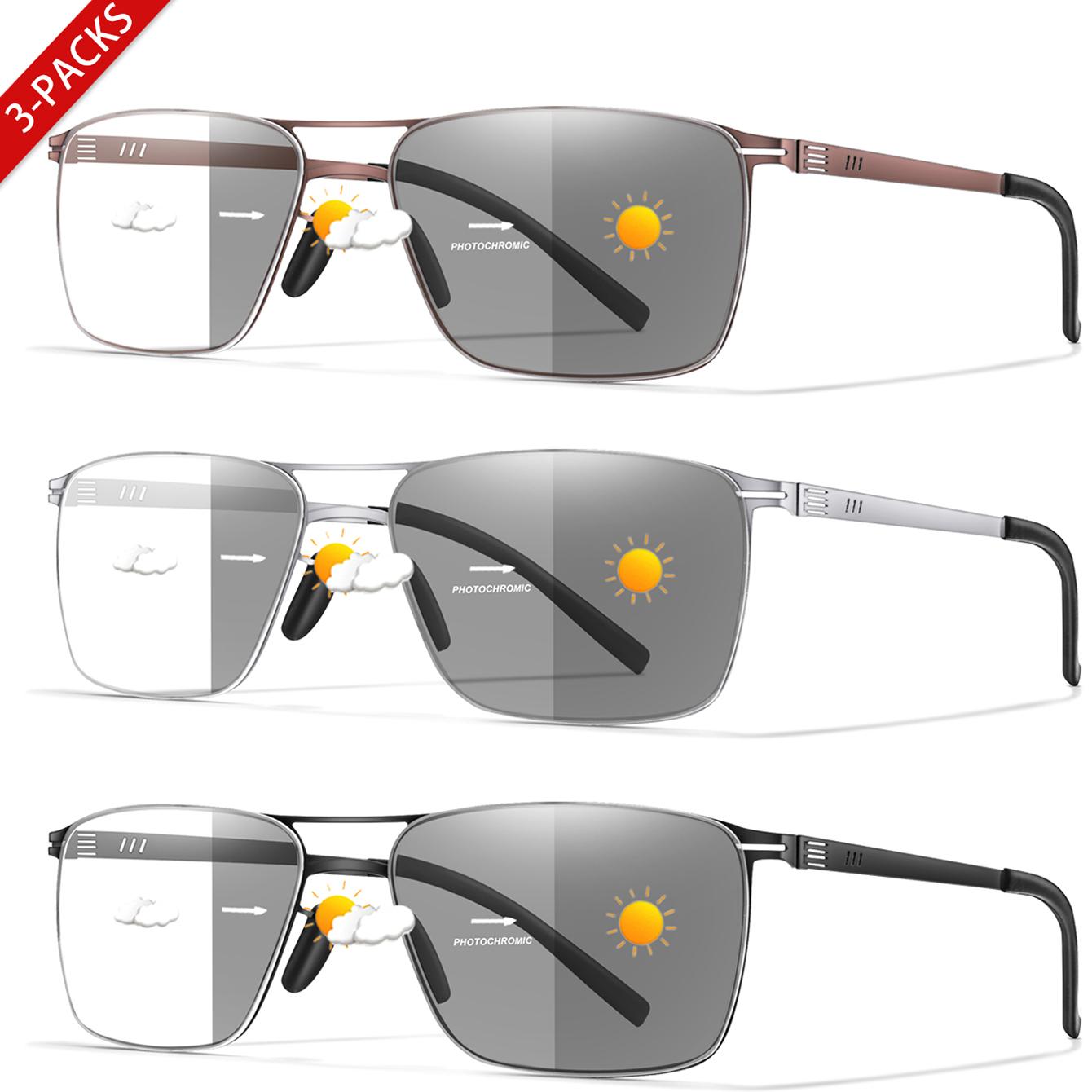 

3 Pairs Photochromic Anti-Blue Light Metal Reading Glasses Bulk Sales Rectangular Presbyopic Eyewear Grandparents Read Magazines +1.0