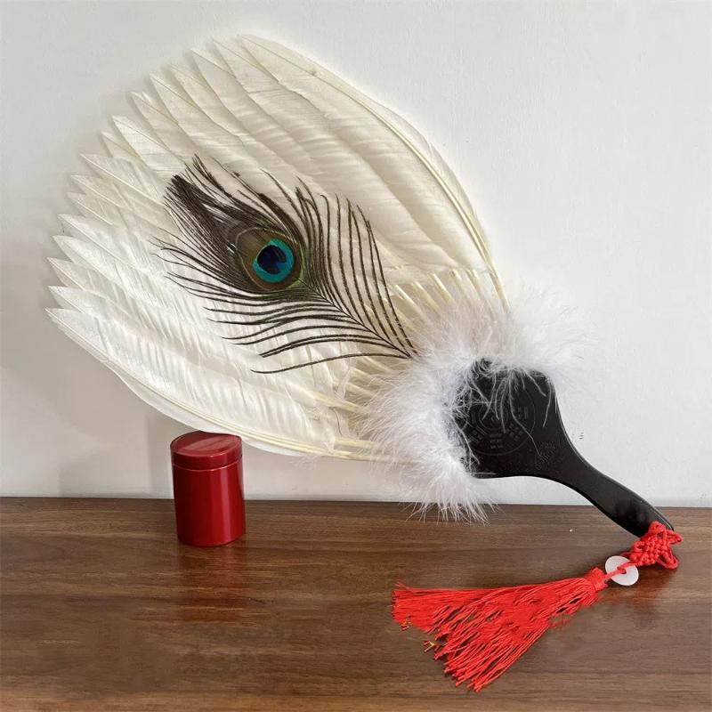 Chinese Vintage Goose Feather Hand Fan Zhuge Liang Style Kong Ming Fan Handmade Craft Fan Stage Performance Fan Baby Cool Fan