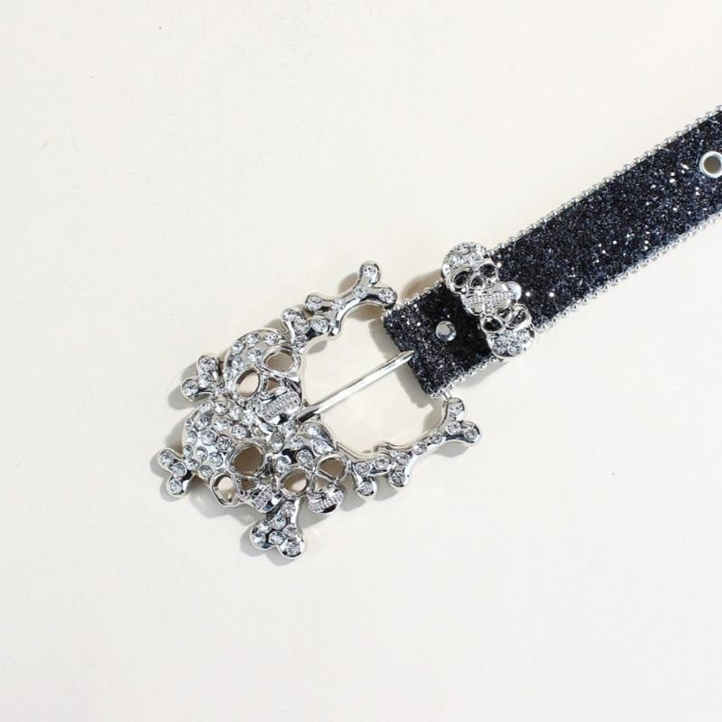 Shining Rhinestones Studded Skull Buckle Belt for Western Cowgirls Cool Blingbling PU Leather Fashion Waist Decors