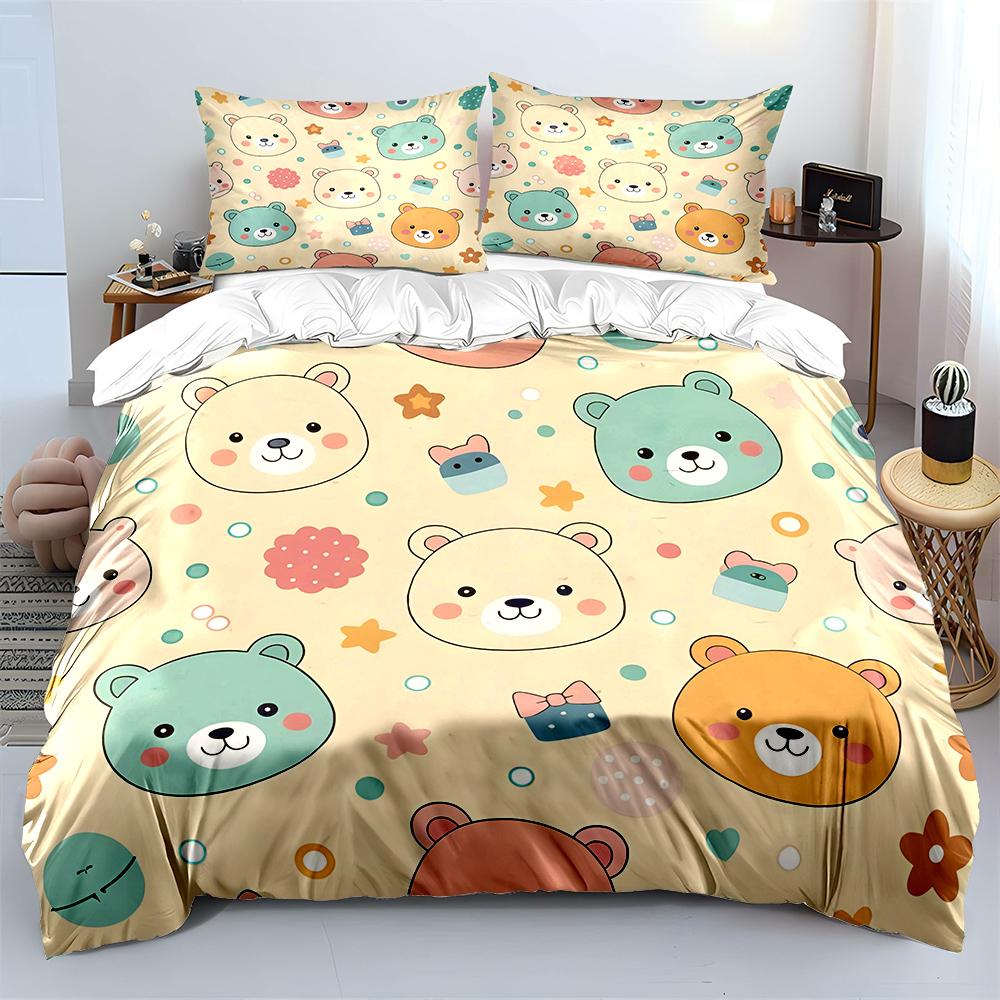 Cute bear cartoon pattern Bedding Set for Kids Luxury Gift 3pcs Digital Print Comforter Set Soft Comfortable Breathable