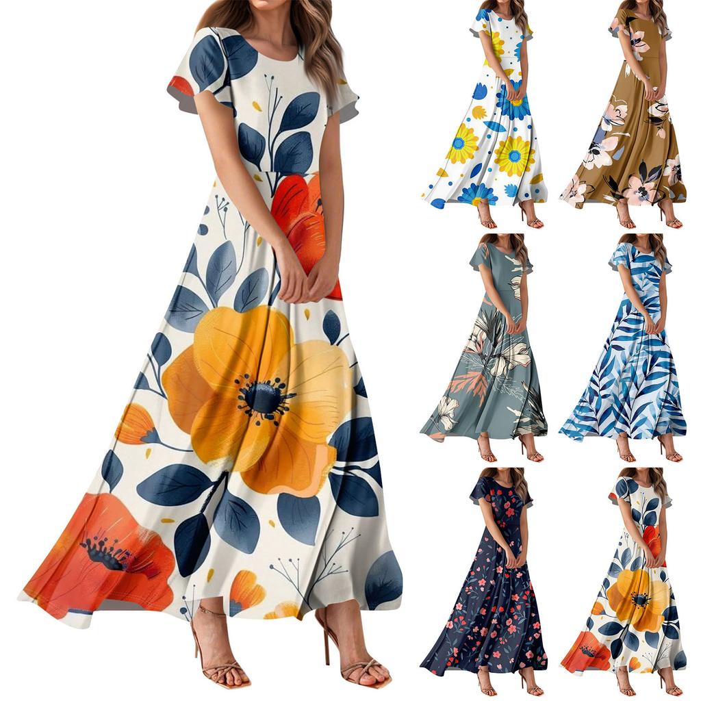 Dámské ležérní šaty s havajským potiskem, kulatým výstřihem a krátkým rukávem, s vysokým pasem