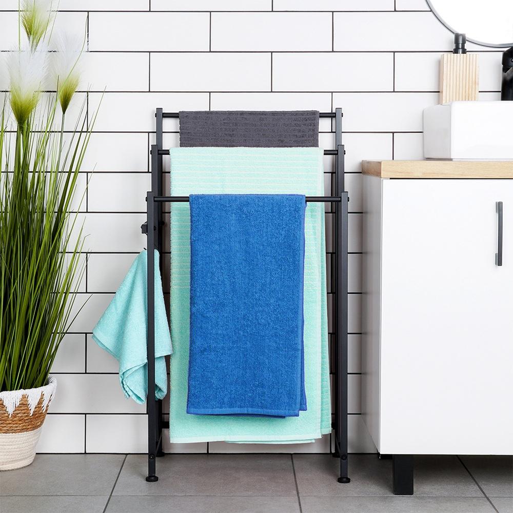 3-Tier Black Metal Standing Towel Rack with Hooks 84cm