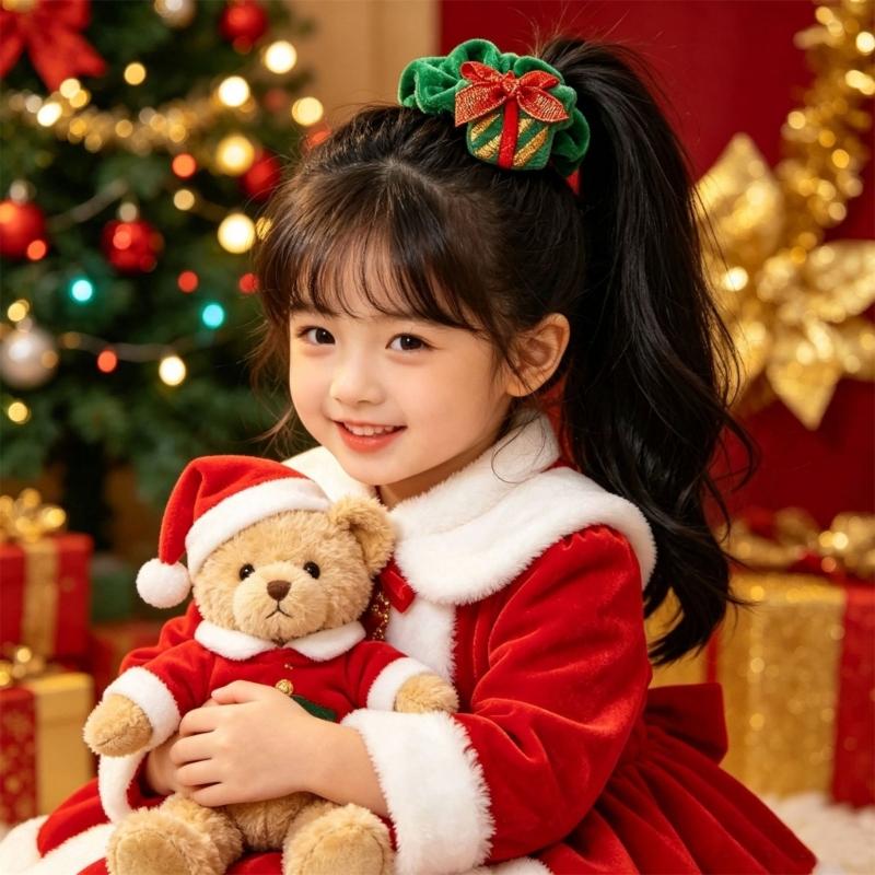 Holiday Hair Scrunchie Velvety Christmas Hair Tie with Plush Top for Christmas Party, Family Photos and Festival Styling