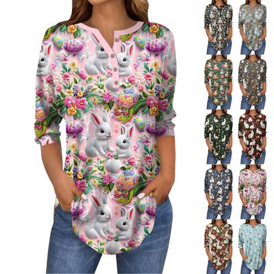 Women's 3/4 Sleeve Easter Egg Bunny Print Button Collar Fashion Casual Top