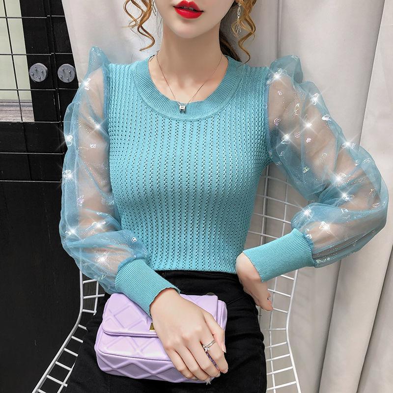 

Осенний облегающий элегантный трикотажный топ с коротким рукавом и сетчатой вставкой для женщин 2XL