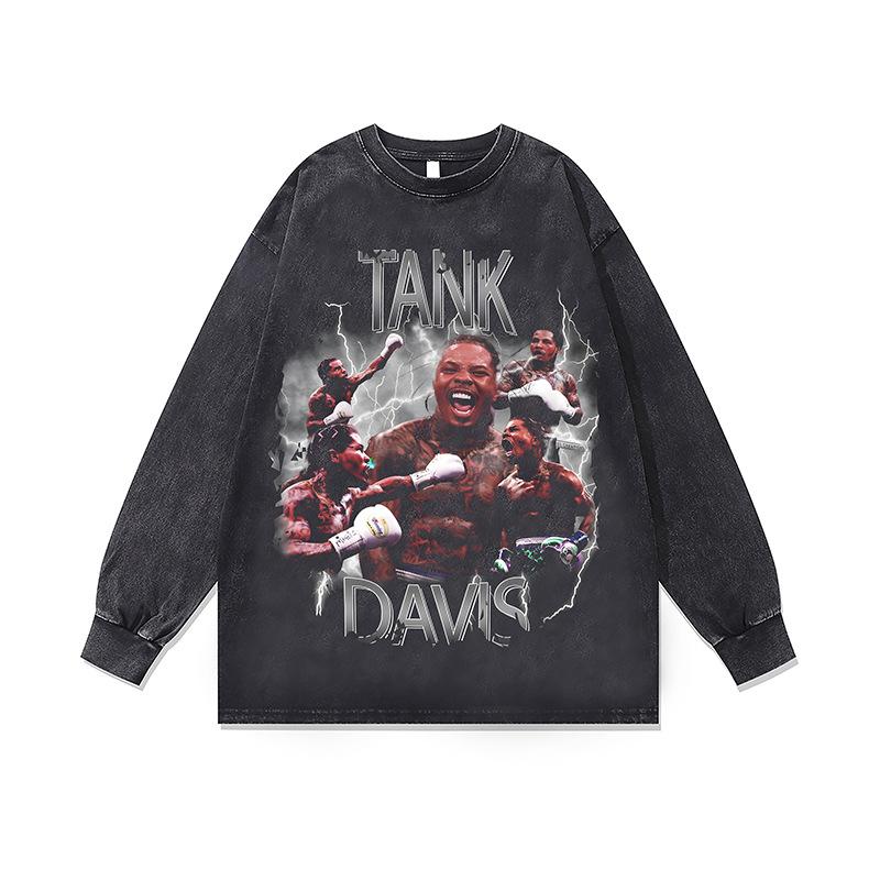 Hip Hop Rap Portrait Print Vintage Washed Long Sleeve T-Shirt Fall And Winter Loose Cotton Crew Neck Base Shirt For Men