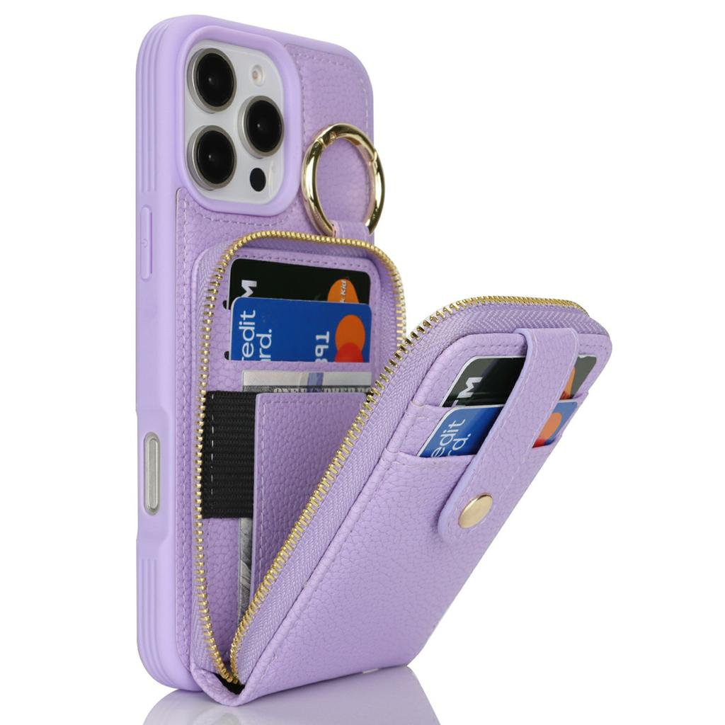 For iPhone 16 Pro Max Case with Zipper Pouch/Ring Kickstand/Strap Litchi Texture PU + TPU Phone Cover