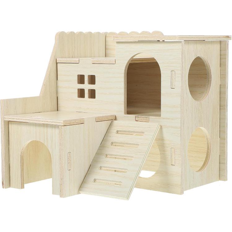 LOGOFUN Wooden Hamster Hideout Castle Multi-Chamber Hide Hut with Climbing Ladder for Chinchillas Guinea Pigs Small Pet Cage Accessories - 6 * 5 *