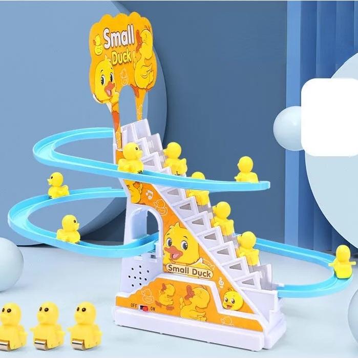 Children Toy Duck Diy Rail Racing Track Small Duck Climbing Stairs Toy Electric Car Staircase Music Educational Toy For Kid 3-5Y