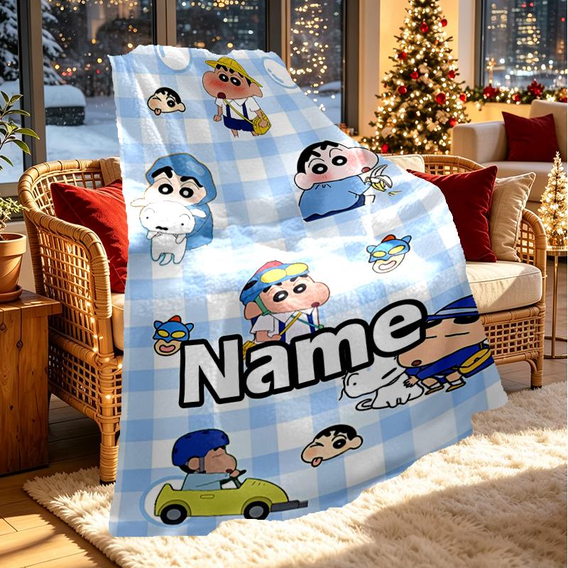 Custom Name Personalized Crayon Shin Print Blanket, Home Decor, Bedroom, Sofa, Camping, Couch, Gifts for Birthday Christmas