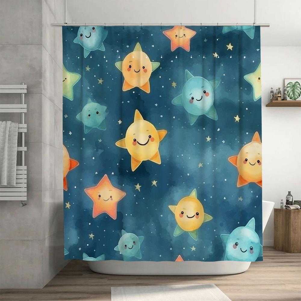 Blue Stars Shower Curtain Cute Cartoon Design For Bathroom Decorations