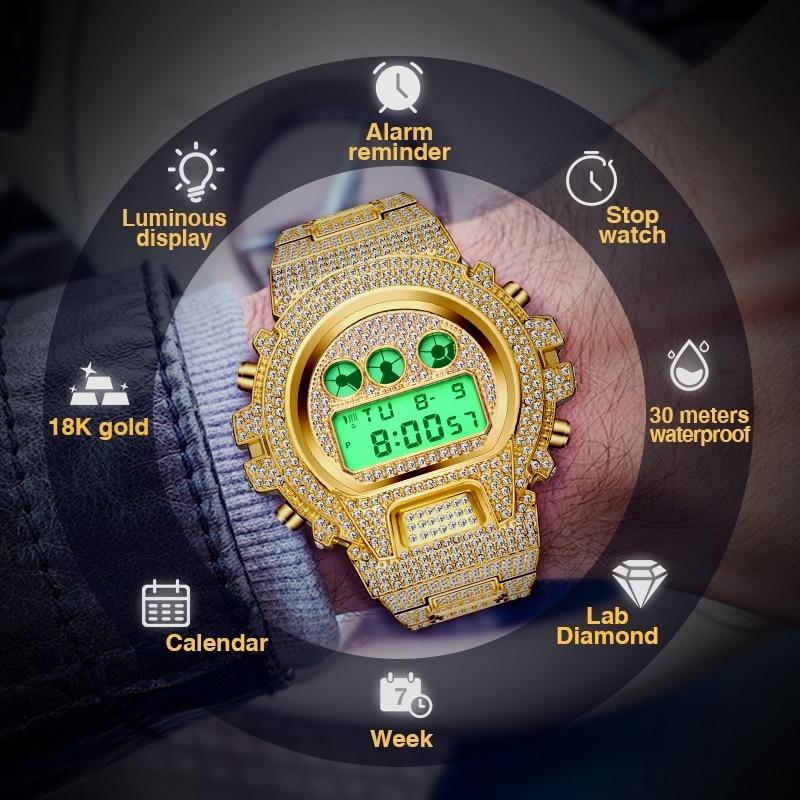 Multi-function Digital Mens Watches Top Luxury Brand LED 18K Gold Watch Men Hip Hop Male Iced Out Watches