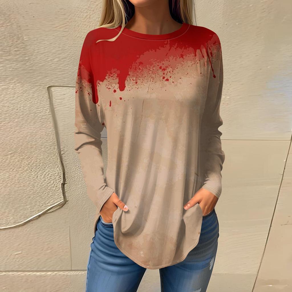 Women's Loose Round Neck  Print Long Sleeve T-Shirt Top Pullover
