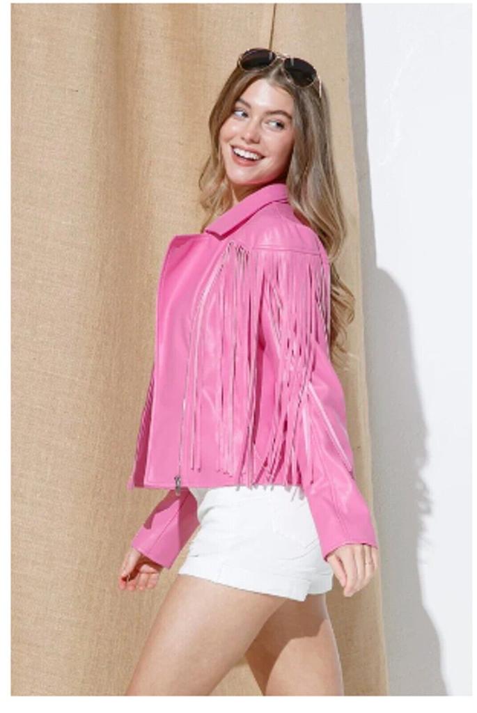 Women Lambskin Barbie Jacket Party Fringed Pink Design Handmade Suede Leather