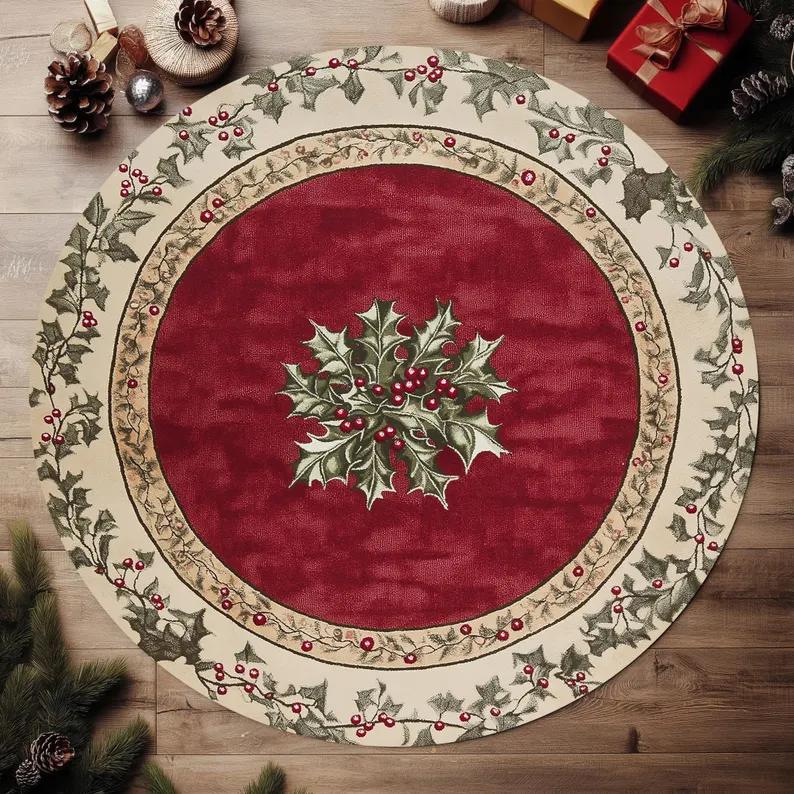 Christmas Village Round Rug Nordic Winter Round Reindeer Ornaments Round Rug Cozy Cabin Round Rug Festive Forest Holiday Decor