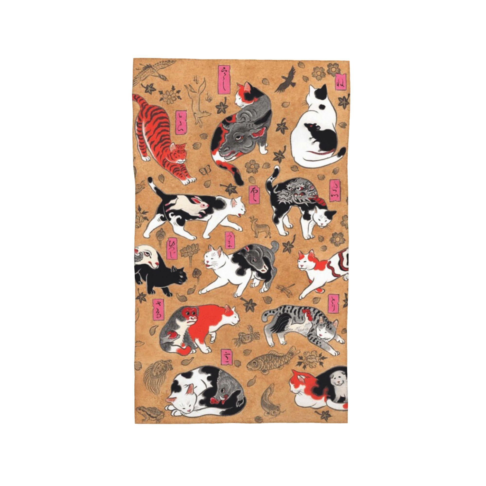 

Antique Japanese Woodblock Print Cats with Tattoos Soft Face Towel Quick Dry Pool Bath Cotton Towels Breathable W40*H60(CM)