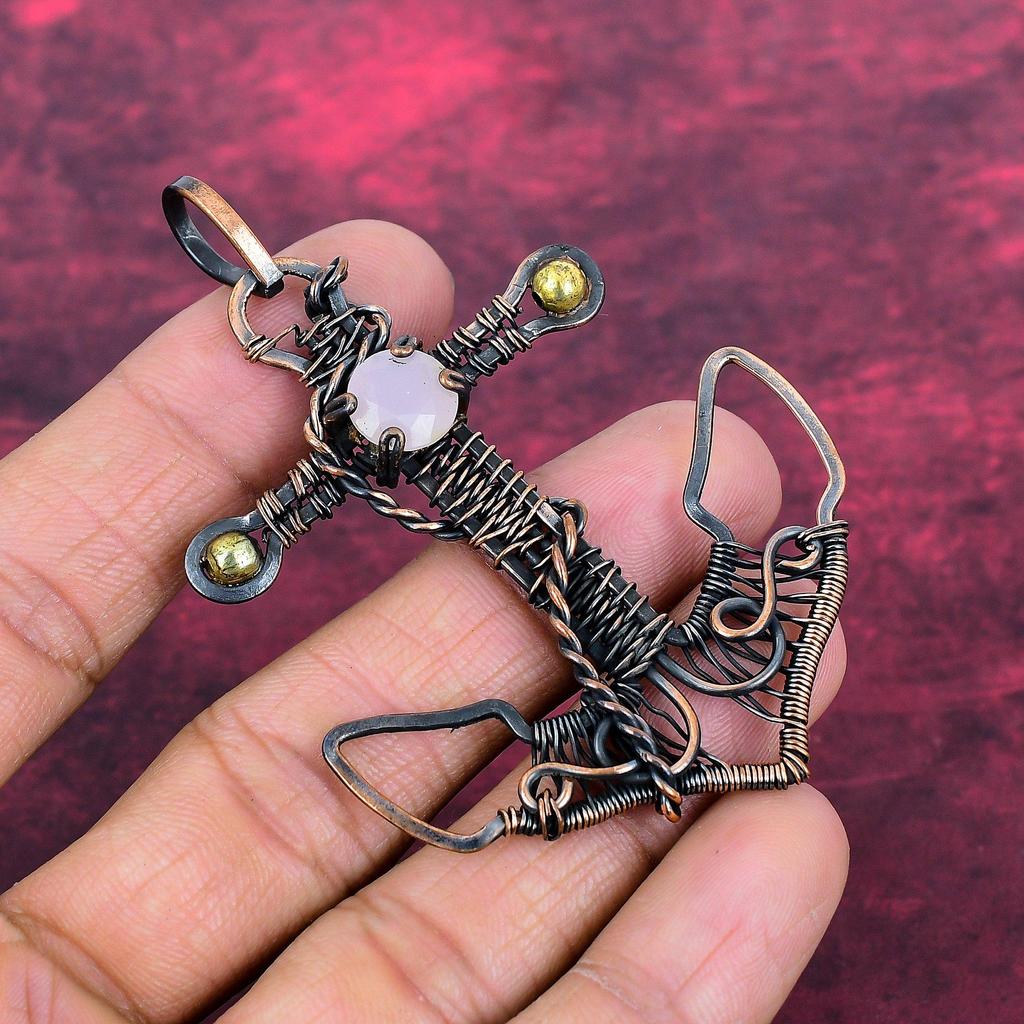 Faceted Pink Chalcedony Pendant Natural Gemstone Pendant Copper Wire Wrapped Anchor Pendant