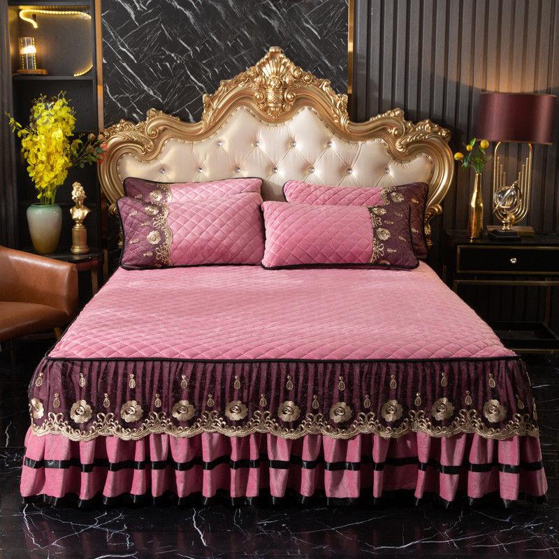 High Grade Winter Crystal Velvet Thicken Quilted Bedspread King Queen Size Flannel Quilting Bed Skirt Including Pillowcase