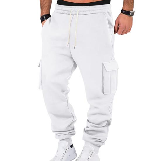 Men Cargo Pants Mid-rise Adjustable Waist Drawstring Casual Trousers with Reinforced