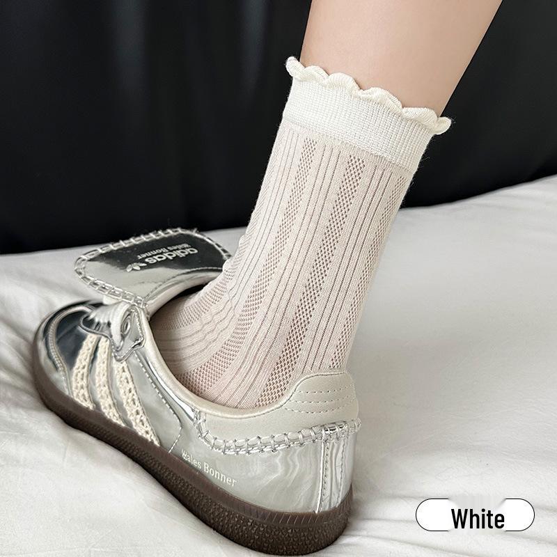 Women's Breathable Cotton Lace Mid-Calf Socks - Soft, Comfortable & Sweat-Absorbent for Commuting.
