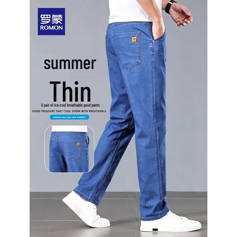 ROMON Men s Ice Silk Breathable Straight-Leg Jeans 34