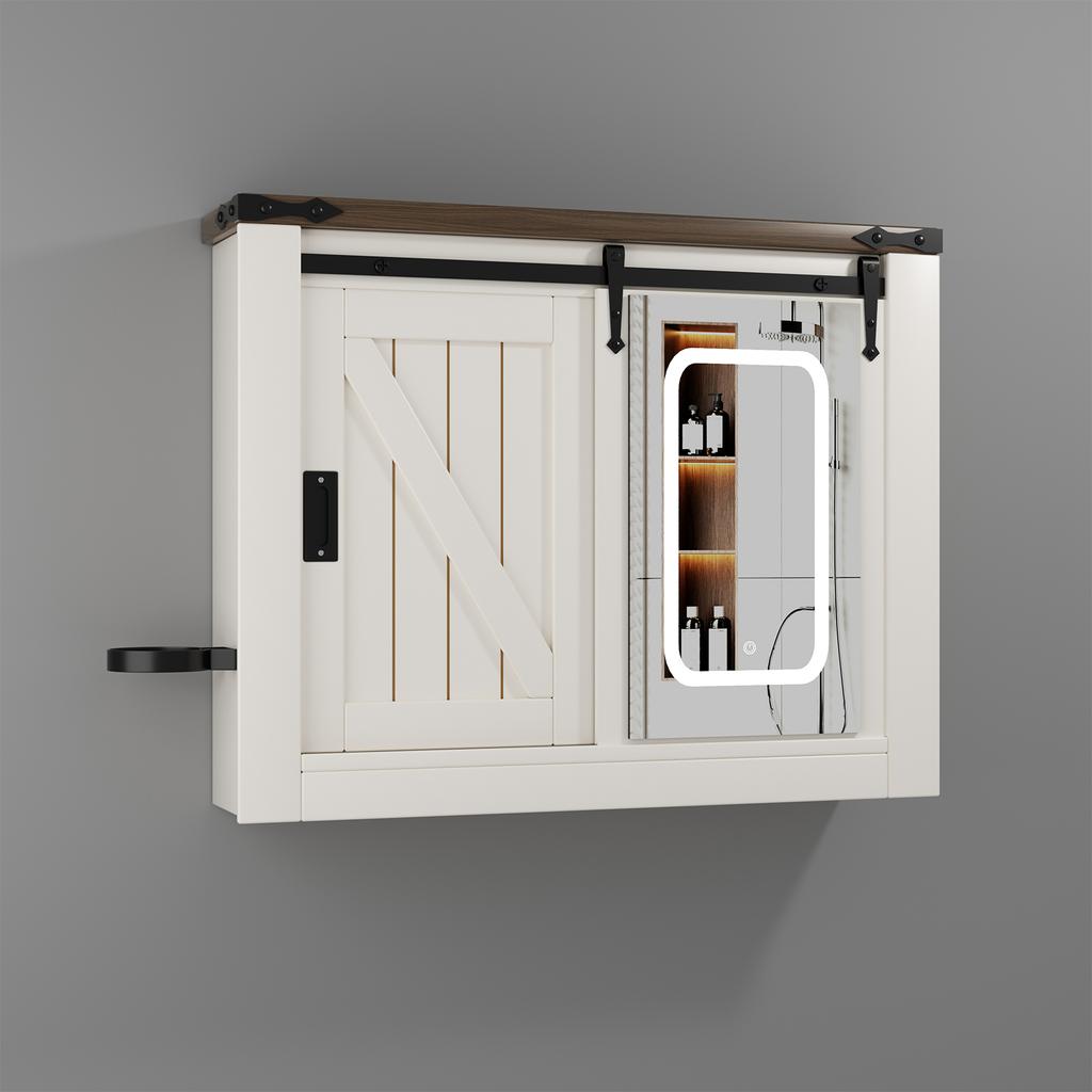 With Sliding Door 3-color Light Adjustment, Anti-fog LED Mirror Cabinet Farmhouse Bathroom Mirror Cabinet for Bathroom Bedroom