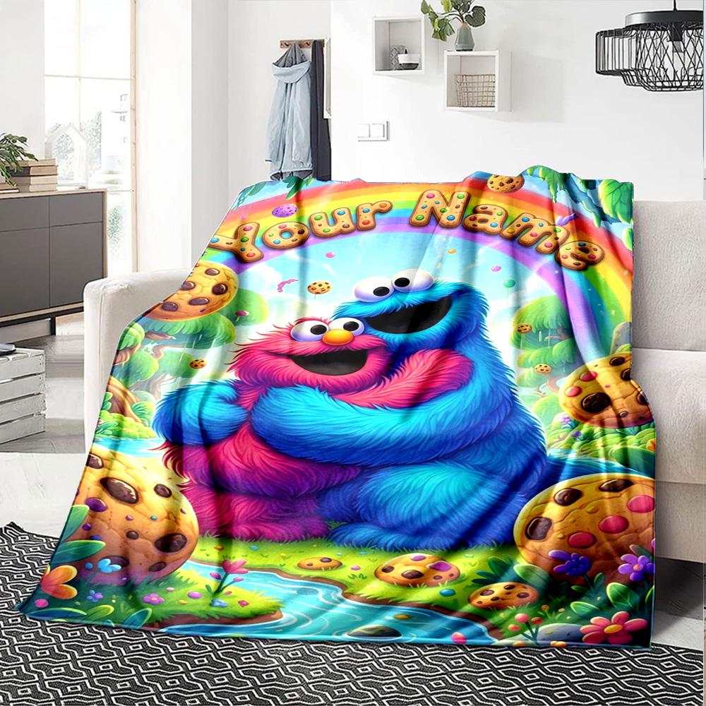 Name Custom Cookie Monster Print Flannel Blanket High Quality Warm Comfortable Cover for All Seasons Perfect for Gifts Home Decor